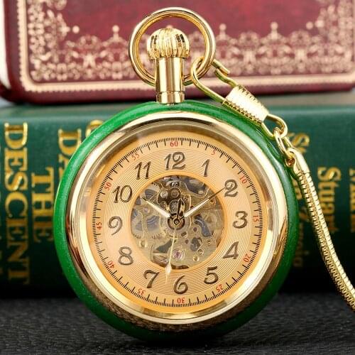 Luxury reloj Superb Jade Golden Automatic Mechanical Pocket Watch Self-Winding Clock Skeleton Dial FOB Clocks with Snake Chain