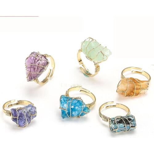 Purple Green Yellow Crude Raw Crystal Ring For Women Gifts White Rose Quartzs Amethysts Kyanite Ring Adjustable