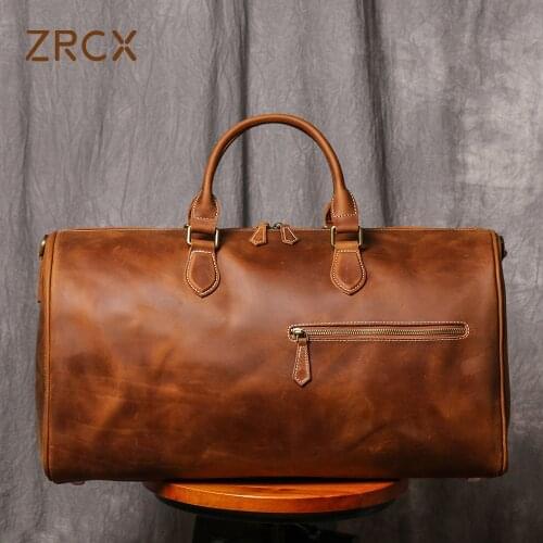 ZRCX Mens Genuine Leather Travel Bags Mens Natural Cow Skin Overnight Bags Hand Luggage Men Male Weekend Bag Business Man