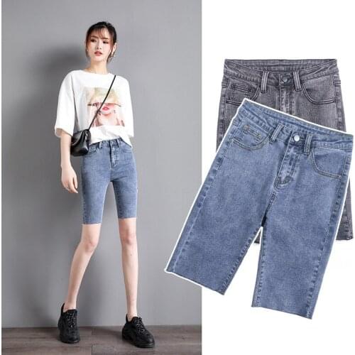 Denim Five-Point Pants Womens Summer Thin Section 2020 New Hgh-Waist Pants Tight-Fitting Net Red Riding Pants Thin Mid Pants