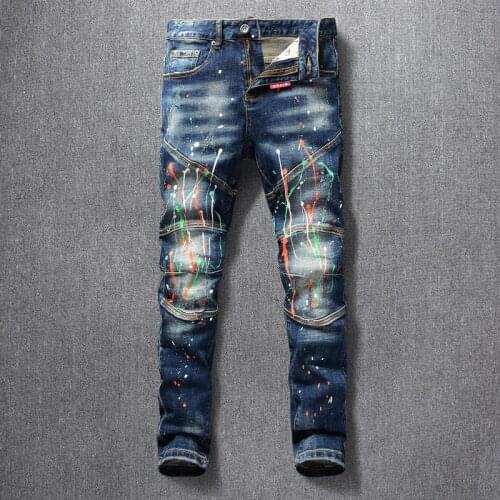 American Street Fashion Men Jeans Retro Dark Blue Elastic Painted Designer Slim Jeans Men Spliced Hip Hop Punk Denim Biker Pants