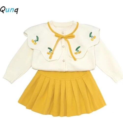Qunq Girls Winter Spring Clothes Set Long Sleeve Sweater Coat Floral Skirt Children Clothing Suit 1 2 3 4 5 Year Kids Outfits