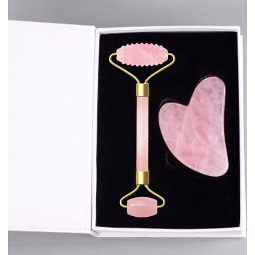 Natural Rose Quartz Jade Roller Set Gouache Scraper for Face Real Jade Stone Face Roller Gua Sha Board Facial Massage Roller