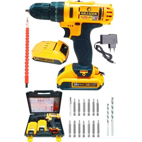 German 36 V 5 Ah Impact Metal Gearbox Double Cordless Cordless Screwdriver + 17 Piece Set