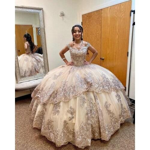 Princess Ball Gowns Champagne Quinceanera Dresses 2021 Luxury Prom Dress Beaded Appliques Sweet 15 16 Birthday Pageant Party