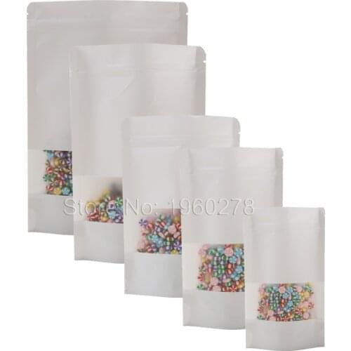 Many Sizes 100pcs Tear Notch Stand Up Pouches White Zip Lock Kraft Paper Bag With Matte Window