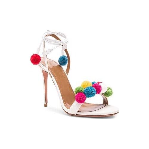 Big Size 10 Cheap Price Pompom Embellished Raffia Sandals High Heel Cut-outs Colorful Ankle-Tie Sandals Women Drop Ship