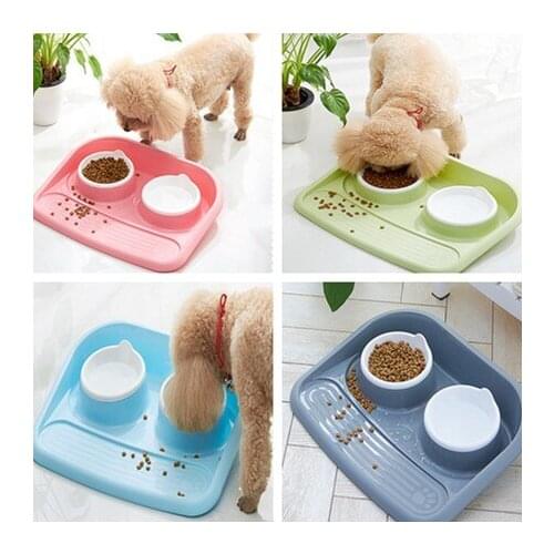 Dog Double Bowl Puppy Food Water Feeder Cute Stainless Steel Cat Bowl Water Food Feeder Non-toxic PP Resin Combo Rice Basin