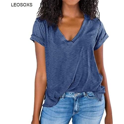 2021 New Summer Womens Clothing Fashion Blouse Solid Color Stitching V-neck Short-sleeved Loose T-shirt Female