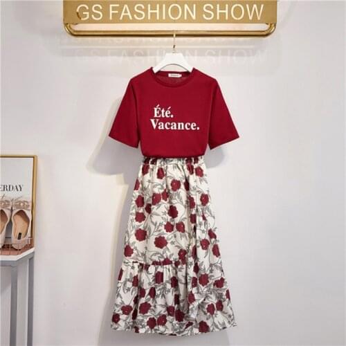 Photo Shoot Summer New Style Dress Outfit CHIC Lettered T-shirt Retro Flounced High Waist Skirt Womens