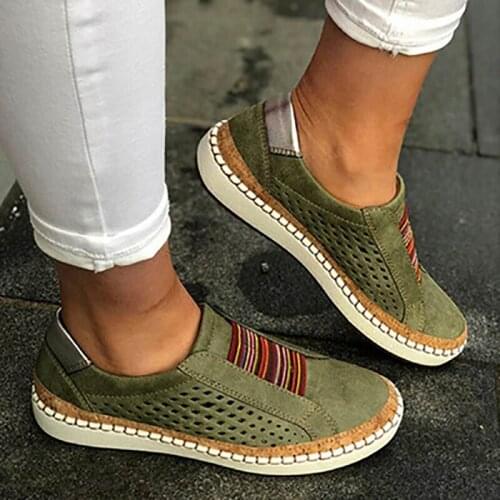 2021 Hollow Out Women Shoes Hand-stitched Striped Breathable Elastic Band Retro Casual Flat Suitable for Wide Leg Women Sneaker