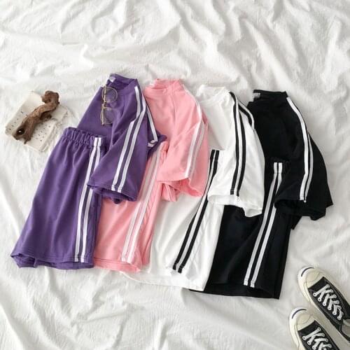 2021 Summer Striped Tracksuit For Women Sets Short Sleeve T Shirt Two Piece Shorts Set Female Loose Casual Sport 2pc Sets Ladies