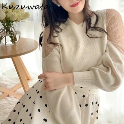 Patchwork Mesh Elegant Shouler Strapless Knit Sweater Women V Neck Pullover Long Sleeve Loose Pull Femme Spring Sueter