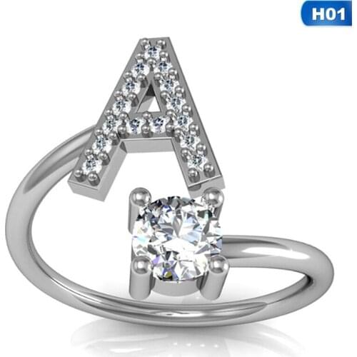 2019 Fashion 26 Letters Silver Color Ring for Women Rhinestone Open Finger Rings Female Engagement Ring Jewelry Party Gift