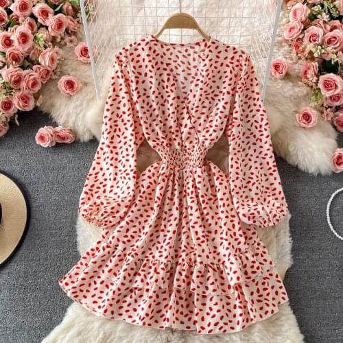 Women Chic Print Dress 2021 Fashion Long Sleeve V-neck High Elastic Waist Ruffles Mini Dress Casual Female Autumn Dress Vestidos