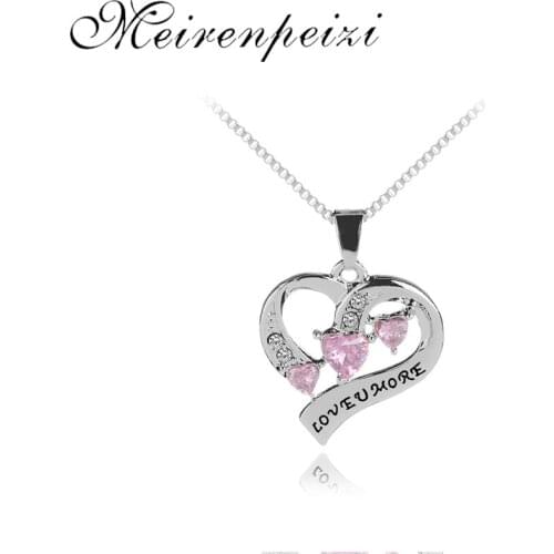 Engraved Love You More Silver Plated Pink Crystal Jewelry Eternity Heart Womens Necklace Mothers Day Gift