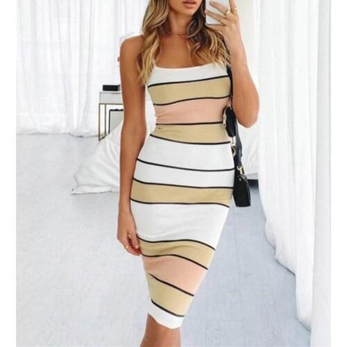 Women Summer Stripe Bodycon Dress Vestidos Sleeveless Strap Ladies Knee Length Dress Plain Jersey Stretch Basic Dress Sundress