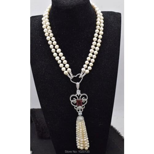 2rows white freshwater pearl round red zircon pendant tassel necklace 18-19inch wholesale beads nature gift discount FPPJ