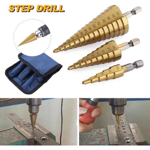 3PCS 4-12mm4-20mm4-32mm High Speed Steel Pagoda Bit Straight Groove Hexagonal Shank Titanium Plated Step Drill Piercing Tool