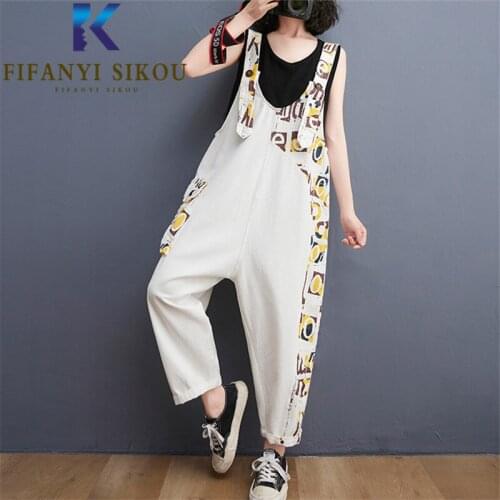 White Denim Jumpsuit Women Letter Print Fashion Suspenders Jeans Plus Size Loose Denim Overalls Female Summer Sleeveless Rompers