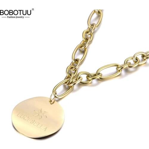 BOBOTUU Punk Stainless Steel Tag Charm Pendant Necklace Jewelry Rose Gold Choker Big Thick Chain Necklace For Women Girl BN19084