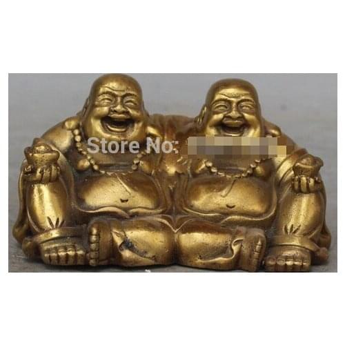 Fast shipping 10CM Chinese Bronze Two Happy Laugh Maitreya Buddha Wealth Yuanbao Bead Statue