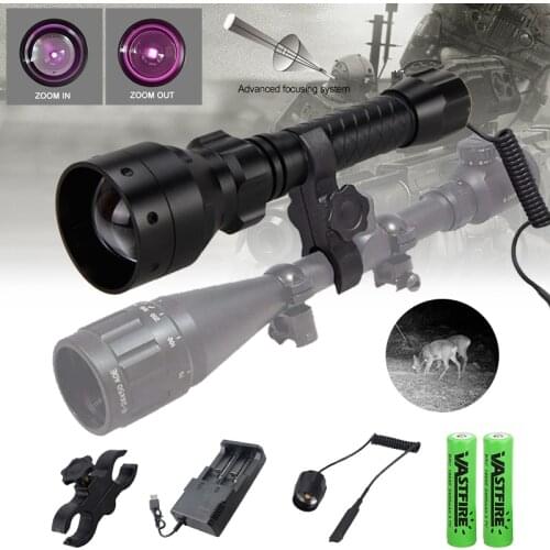 T50 IR850nm/IR 940nm Zoomable Flashlight Infrared Radiation Night Vision Hunting Torch+Switch+Rifle Scope Mount+18650+Charger