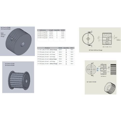 60,40,30,20 teeth HTD3M pulley wheel and closed belt 264,276,294,318 for 25mm width in a pack
