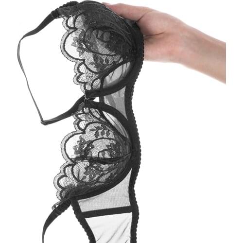 Black Floral Lace Bra And Panty Sets For Women Plus Size Underwire Push Up No Padded Transparent Underwear Girls Sexy Lingerie