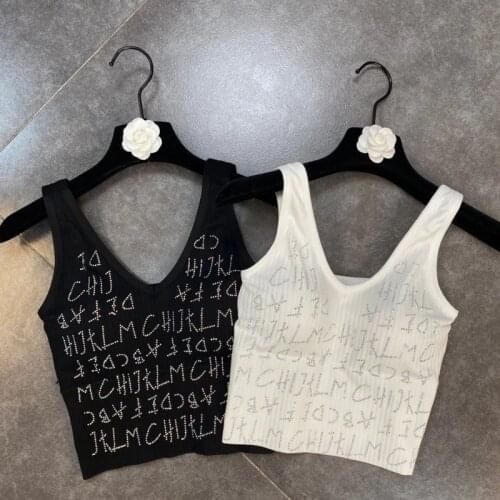 FABPOP 2021 Summer New Arrivals Sleeveless V Neck Diamonds Letters Stretch Vest Women Tank Tops GA962