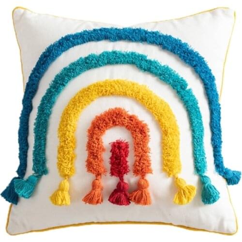 Morocco Throw Pillow Case Colorful Rainbow Bridge Tufted Tassel Cushion Cover