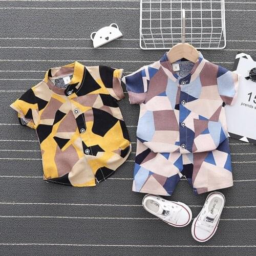 New Summer Hawaiian Style Kids Baby Boys Clothes Outfits Holiday Geometry Print Shirt+Shorts 2-piece Toddler Girls Clothing Sets