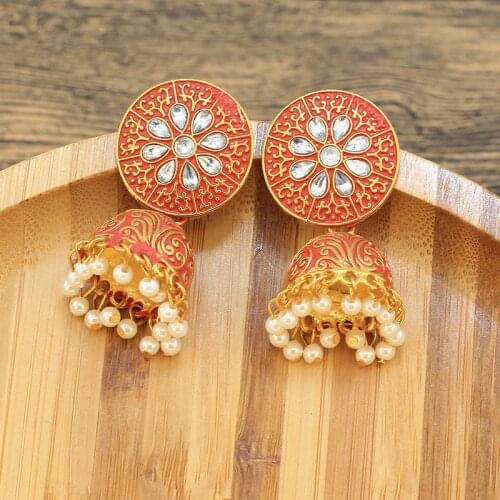 New Ins Indian Gold Handmade Beads Engraved Flower Epoxy Thailand Piercing Jhumka Earrings Korean Fashion Party Jewelry Bijoux