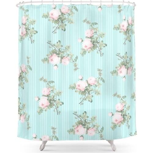 Shabby Chic Roses Pink And Mint Shower Curtain Polyester Fabric Bathroom Home Decoration Waterproof Print Shower Curtains