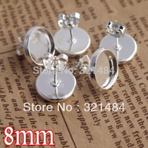 Bulk 1000X silver plated 8mm cameo cabochon setting blank earring post with pad and backs butterfly stoppers for stud findings