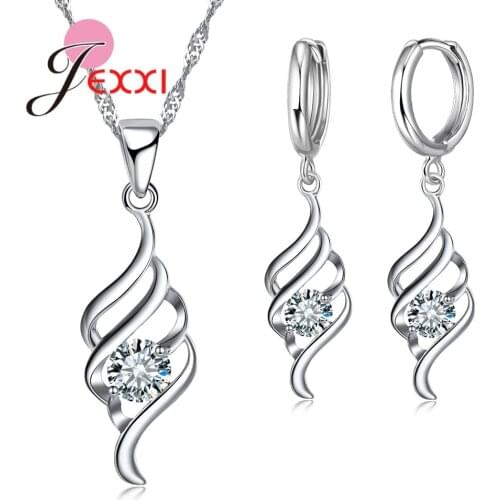 Stylish 925 Sterling Silver Sets Crystal Spiral Jewelry Female Chain Pendants Necklace Earrings Jewelry Set For Women