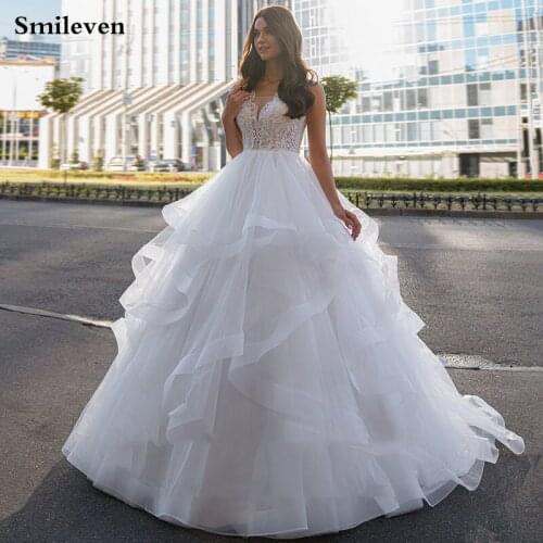 Smileven Ivory Tiered Organza Princess Wedding Dresses Ball Gowns V Neck Lace Bridal Dress Vestido de novia 2021