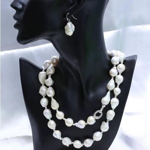 Gorgeous 14-15mm white pearl necklace 34"&earring set