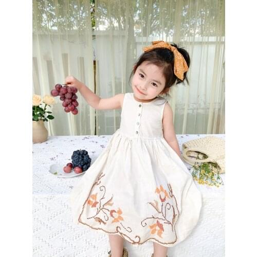 Vintage flower embroidery sleeveless kids dress for girls clothes costumes toddler baby bohemian style holiday vocation dress