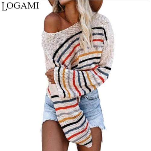 LOGAMI Rainbow Striped Knitting Sweater and Pullover Women Slash Neck Long Sleeve Thin Sweaters Woman Knitwear