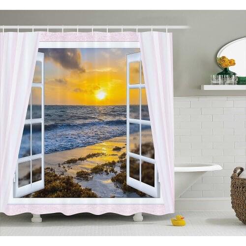 Coastal Shower Curtain Open Window View of The Sky with Clouds Rising Sun Seascape Grass Morning Scenery Bathroom Curtains
