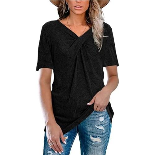 Womens New Black Red Green 10 Colors Short-sleeved V-neck Solid Color Cross Knot Ladies Loose Casual T-shirt