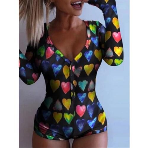 2020 Pus Size Sleepwear Playsuit Romper Sexy Women Deep V-neck Bodycon Sleepwear Shorts Long Sleeve Print Bodysuit Jumpsuit 3XL