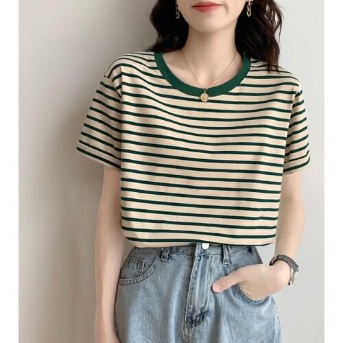 QOERLIN Retro Striped Short Sleeve T-Shirt Women Summer 2021 New Color-Hit O-Neck Top Classic Basic Tops Oversized Tees Female