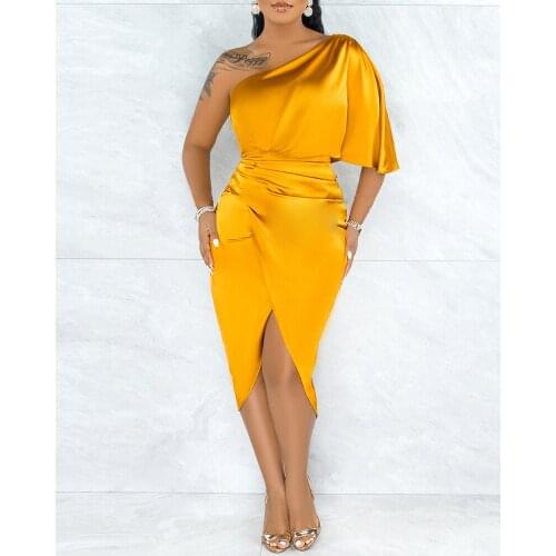 2021 New Summer Women Bandage Dress Sexy Off Shoulder SleevelessOne Shoulder Satin Ruched Party Dress