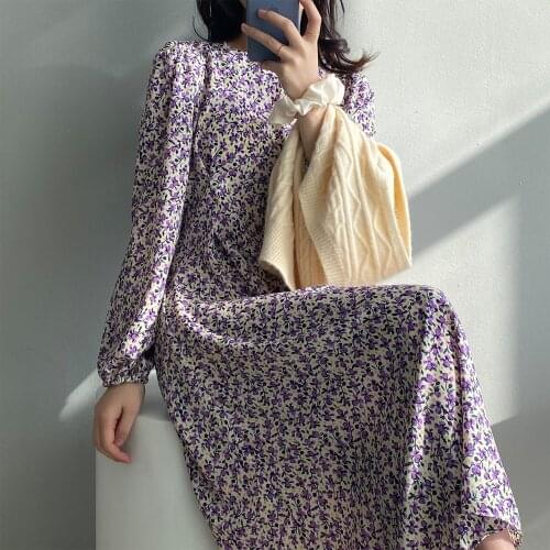 Long Sleeve Floral Dress for Women 2021 New Korean Style Retro Waist Slimming Long Dress for Women