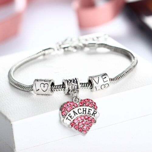 12PC/Lot Teacher Jewelry Gifts Thank You Teachers Bracelet Chain Bangle Pink Crystal Love Heart Charms School Women Men Presents