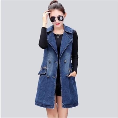 2018 Spring Fall New Fashion Denim Jacket Sleeveless Denim Vest Waistcoat Women Long Jeans Outerwear Plus Size Z272