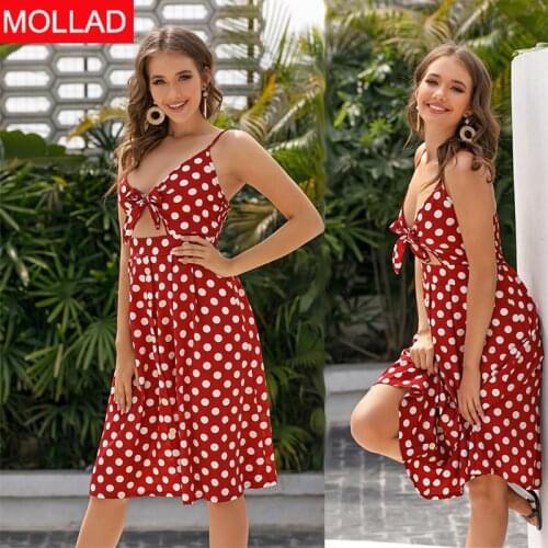 2021 Spot Goods European and American New Sexy Midriff Outfit Strap Squeeze Bow Polka Dot Womens Dress