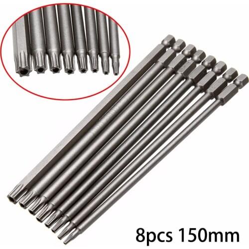 8pcs/set 150mm 1/4" Magnetic Hex Shank T8~T40 Long Steel Torx Security Electric Screwdriver Bit Set